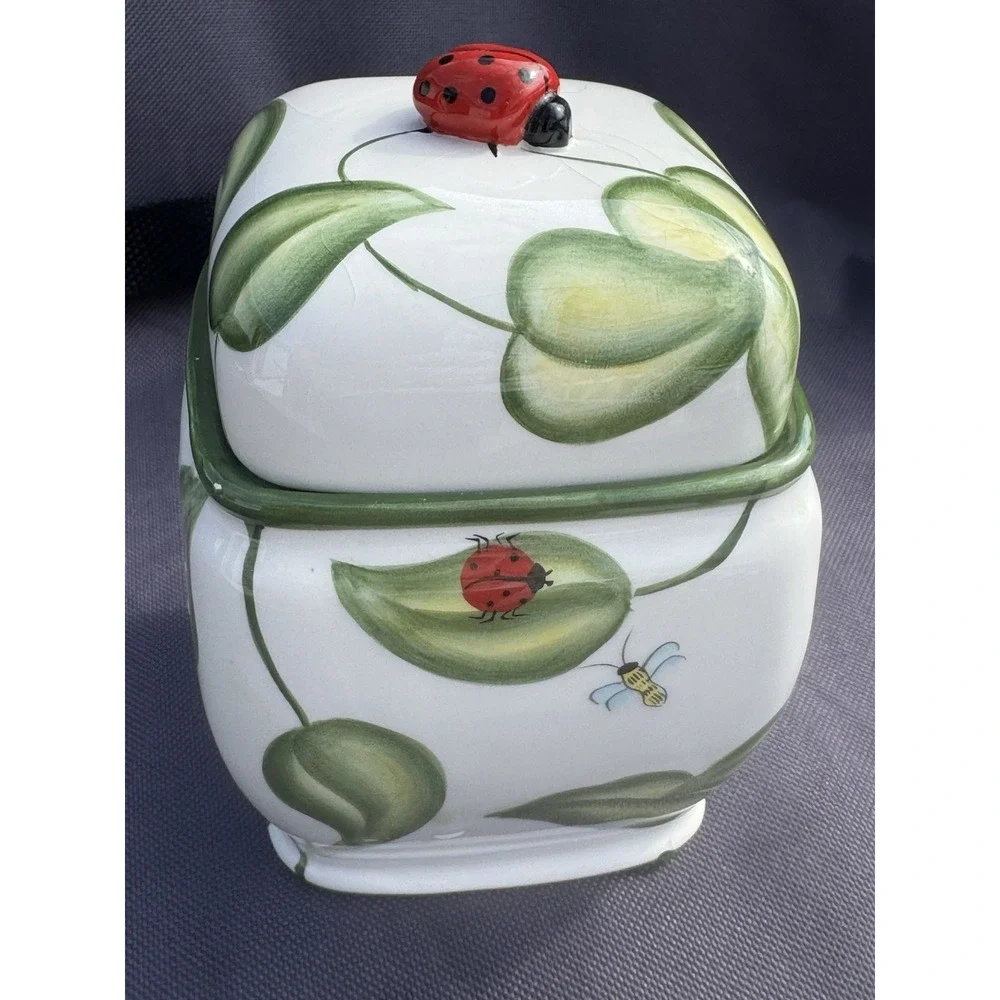 Harry & David Small Canister W Lid, Ceramic, Lady Bug, Bee, Dragonfly Sugar Tea